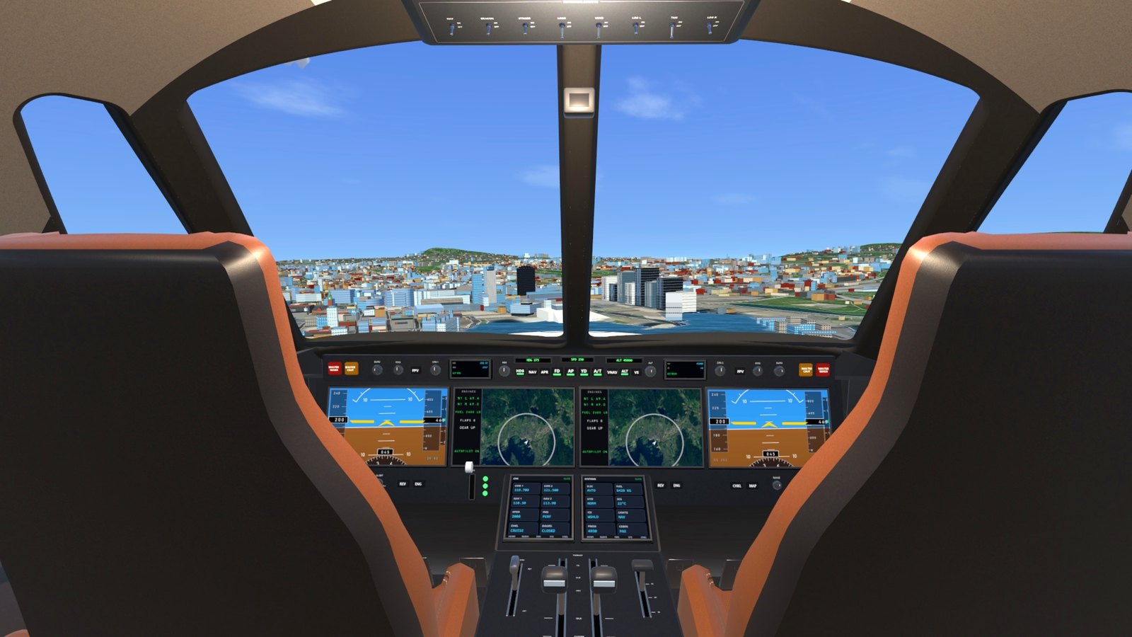 The private jet's flight deck over the Oslofjord