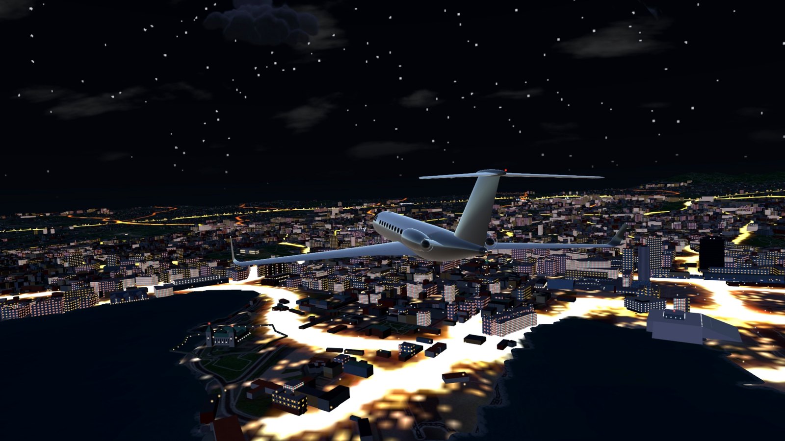 The jet over the city at night