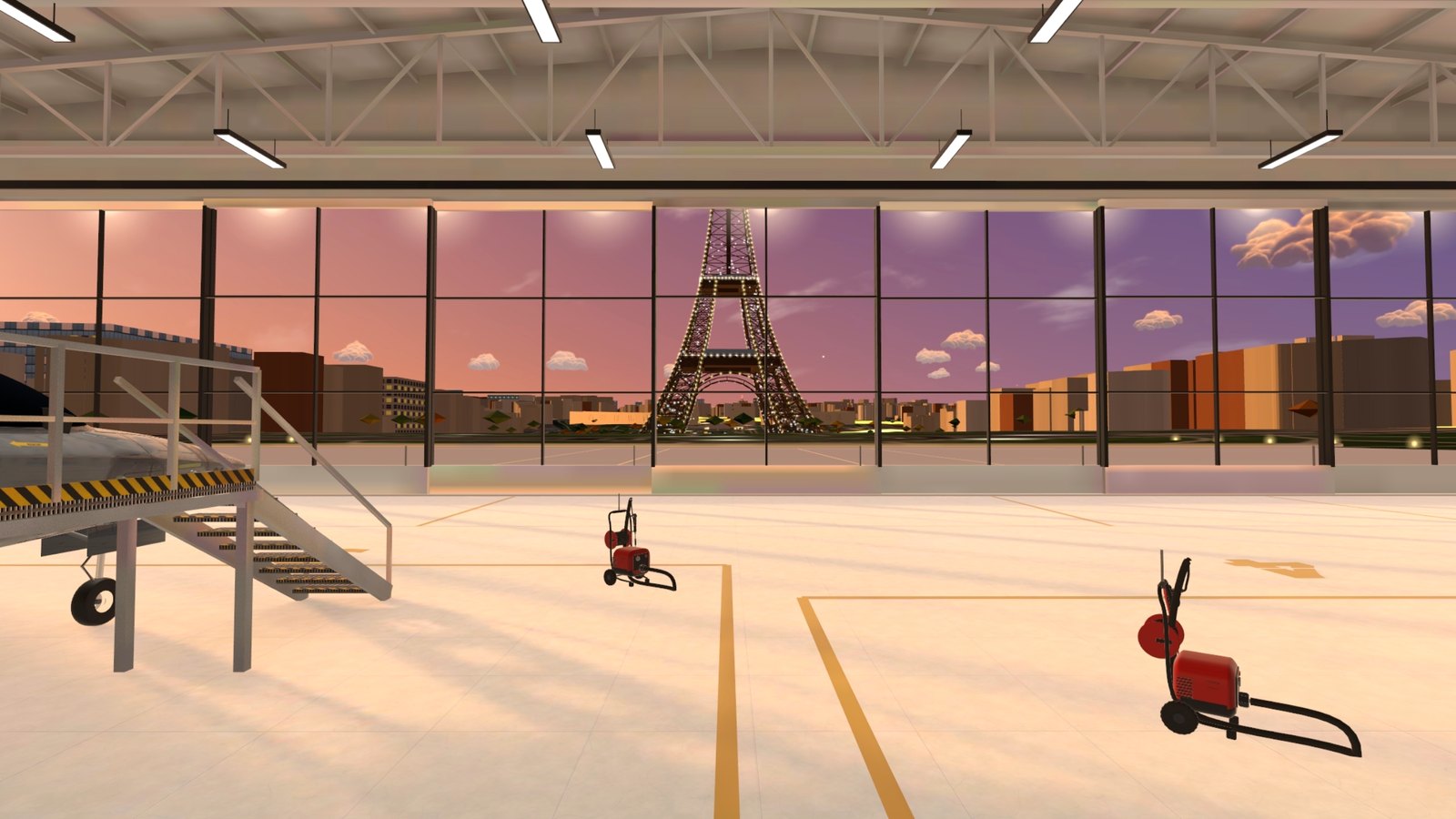 Your glass hangar, the Eiffel Tower through the doors at golden hour