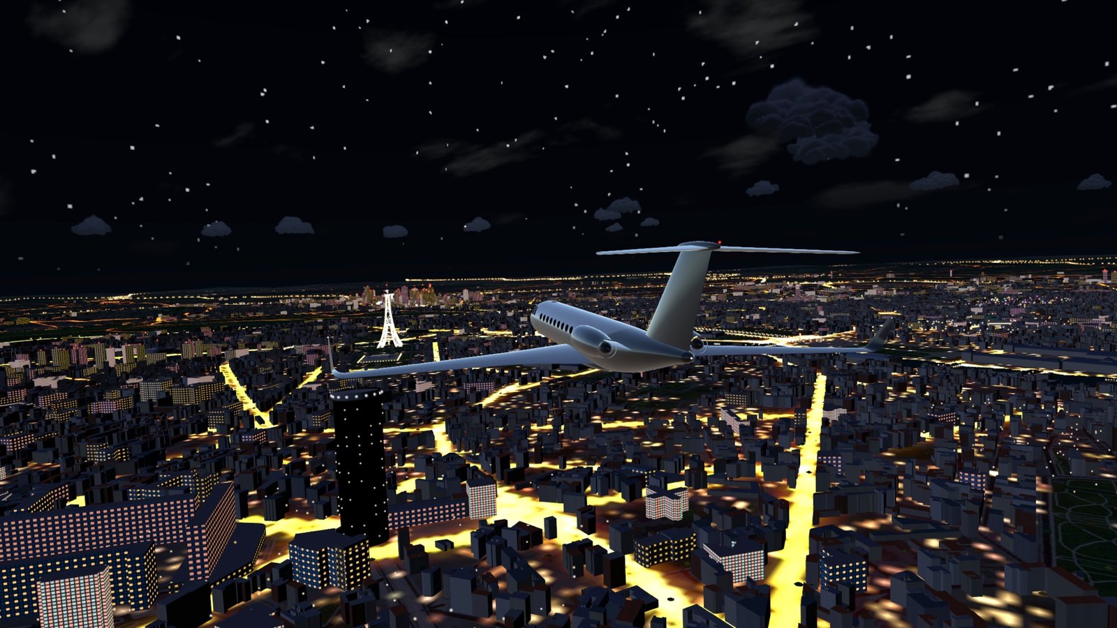 A private jet over the lit city, the golden Eiffel Tower behind it, at night
