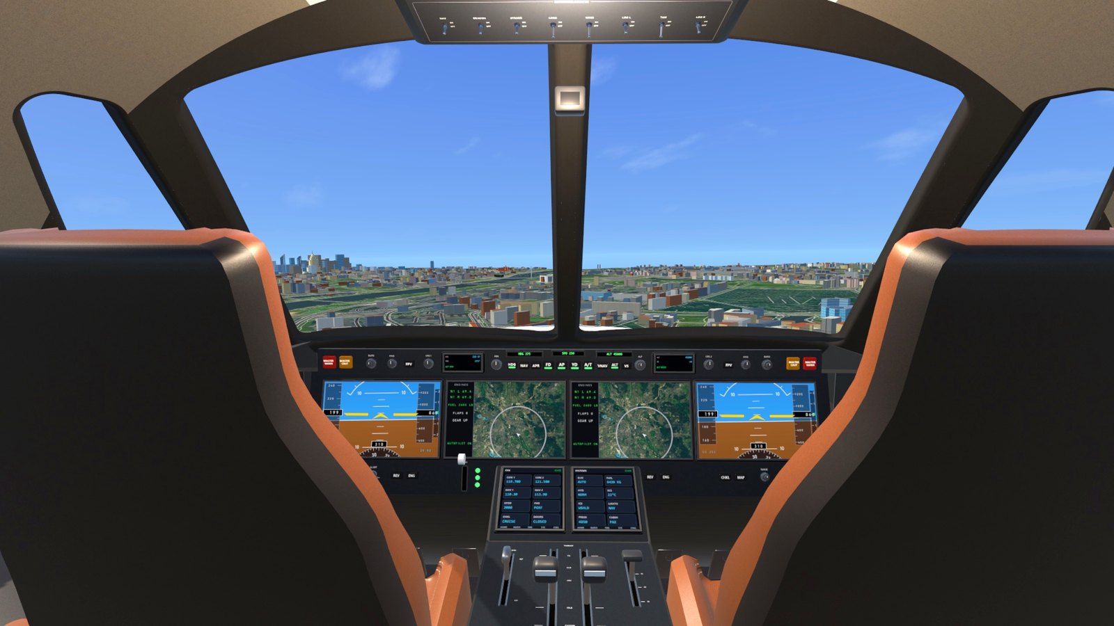 The private jet's flight deck over Warsaw