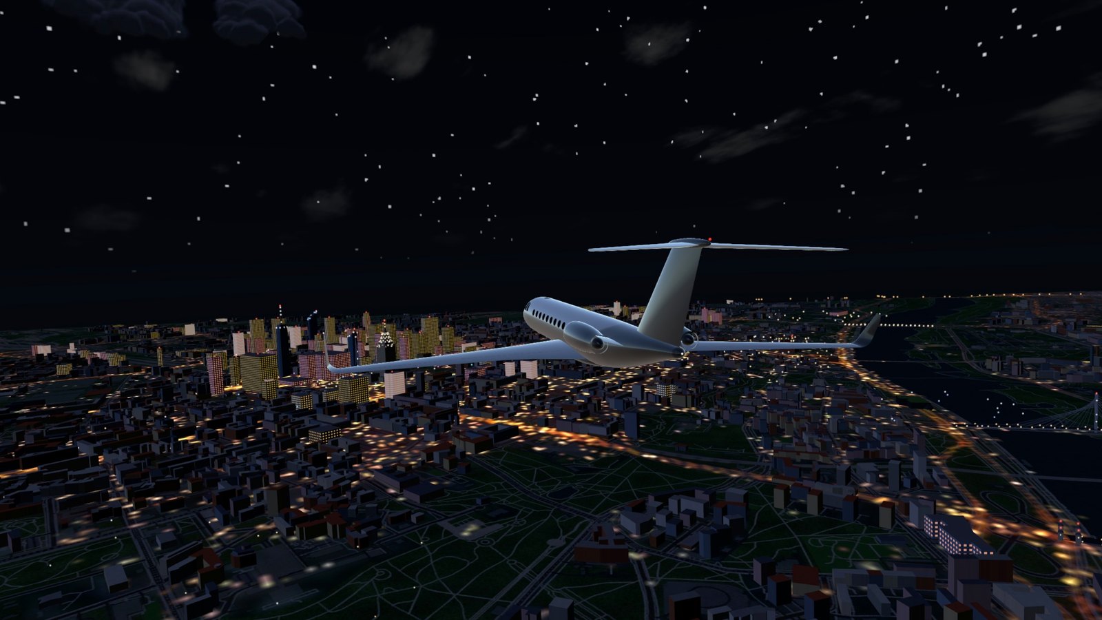The jet over the city at night