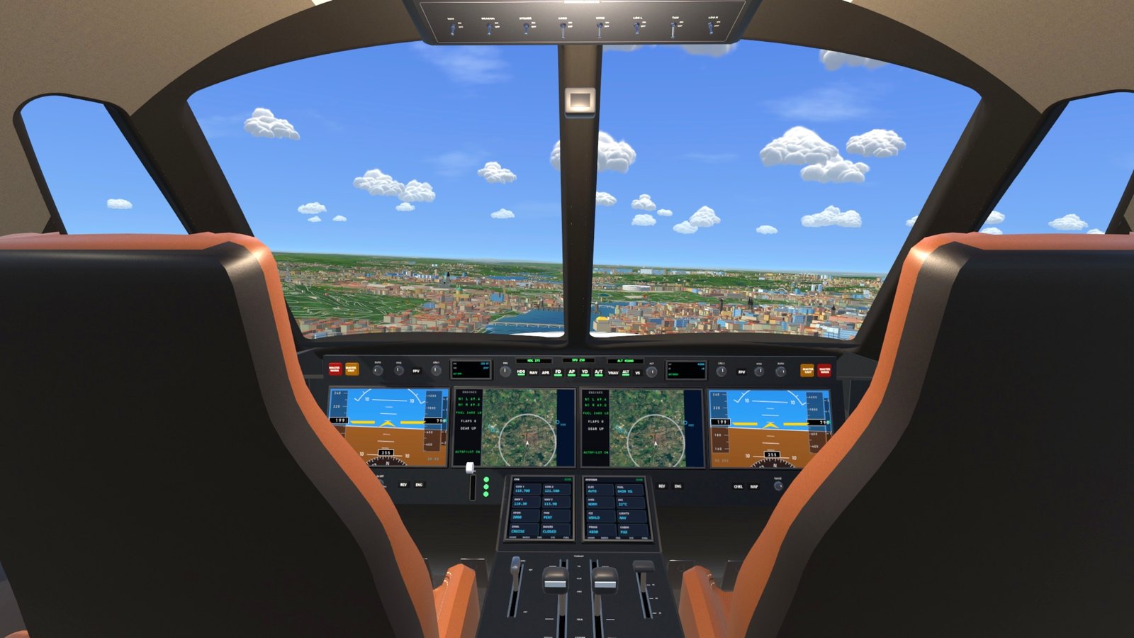 The private jet's flight deck over the Vltava