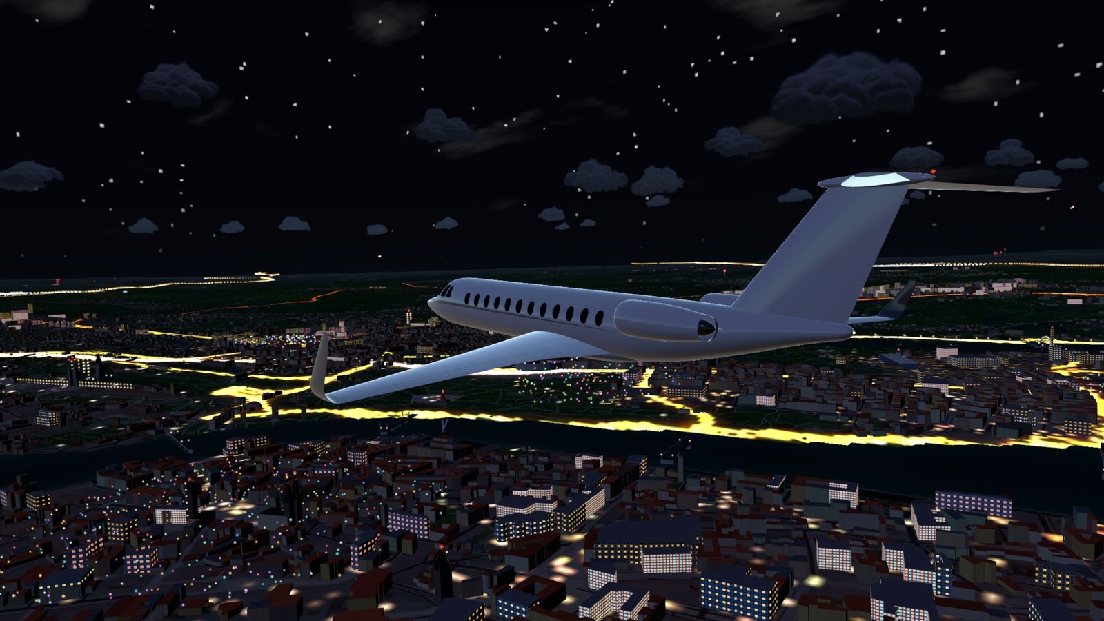 A long-range jet over the lit Old Town at night