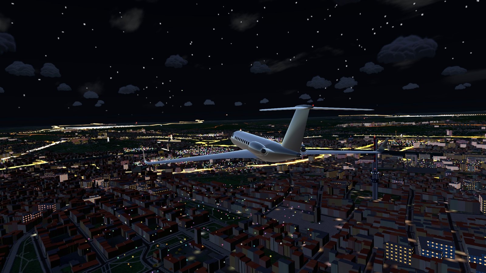 A private jet over the city toward the floodlit Castle at night