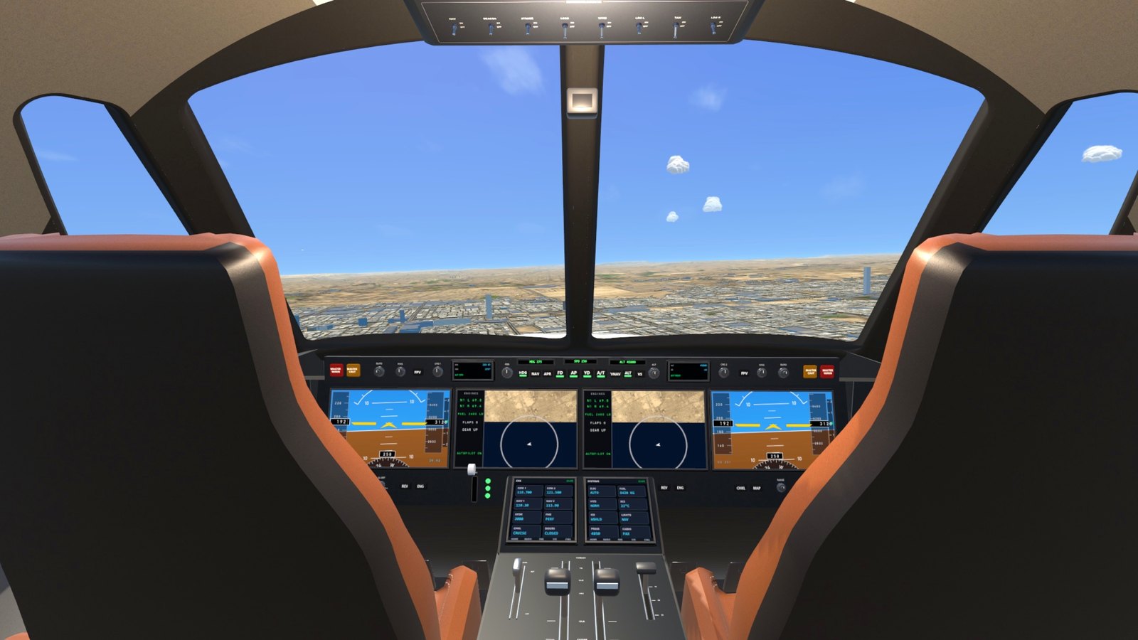 The private jet's flight deck over Riyadh