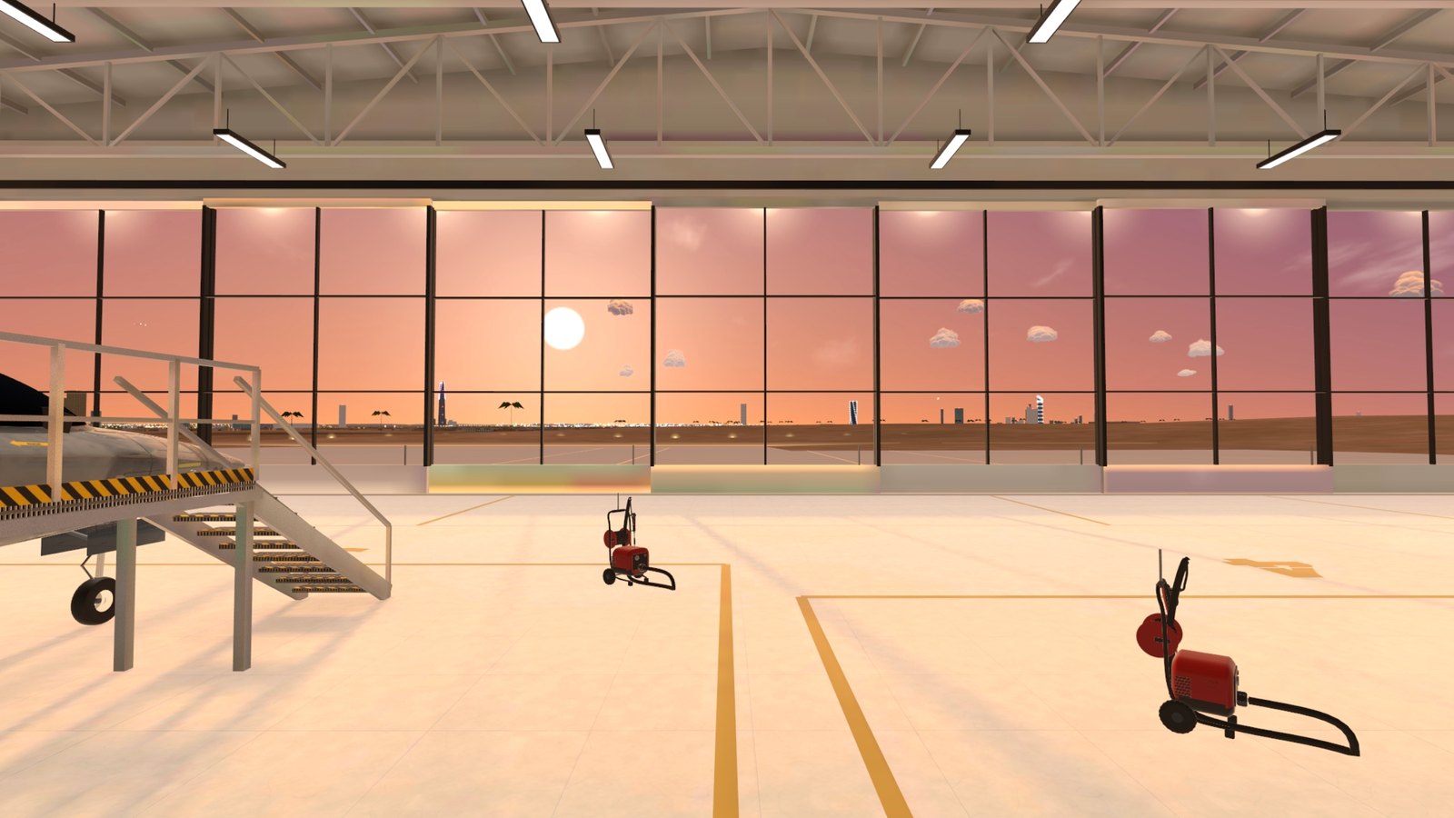 Your glass hangar at sunset, the skyline through the doors
