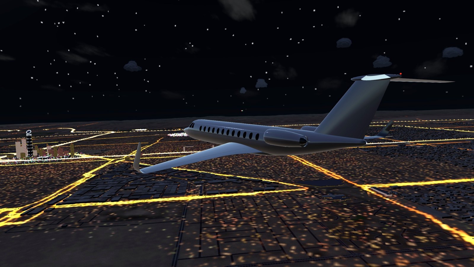 A long-range jet over KAFD's lit towers at night