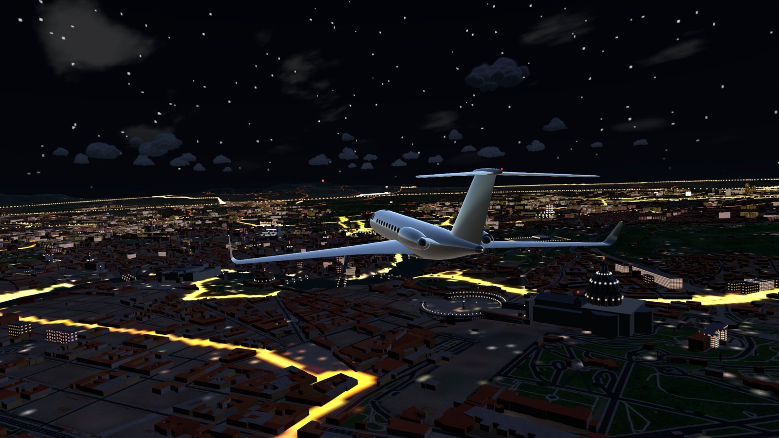 A private jet over the lit Vatican at night