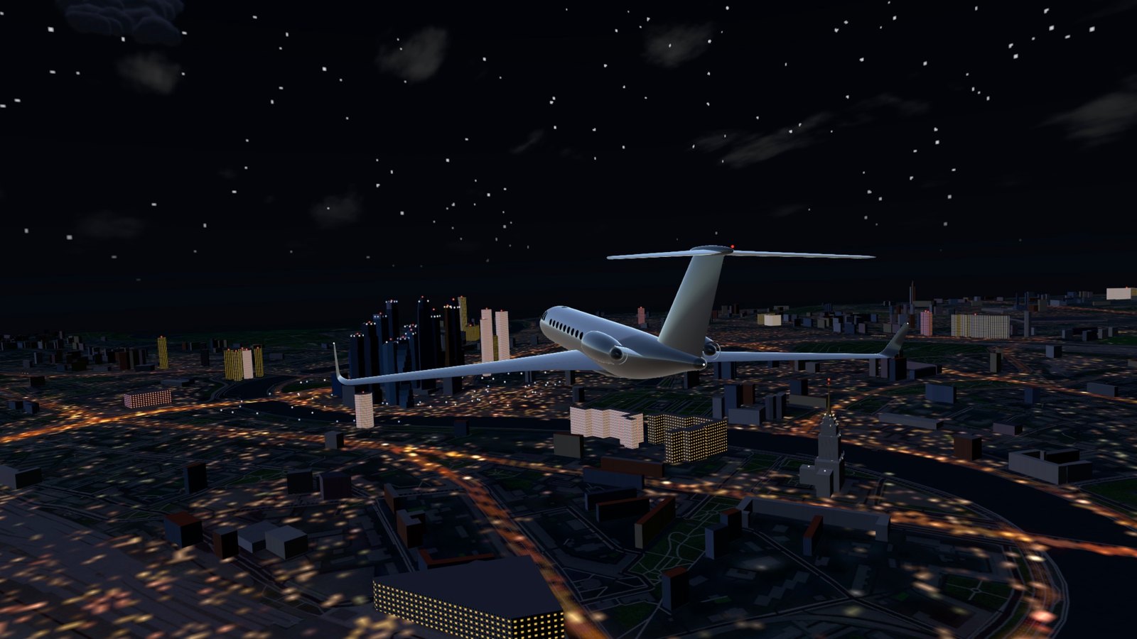 The jet over the city at night