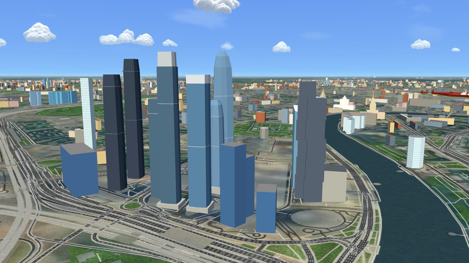 The Moscow City towers from the air