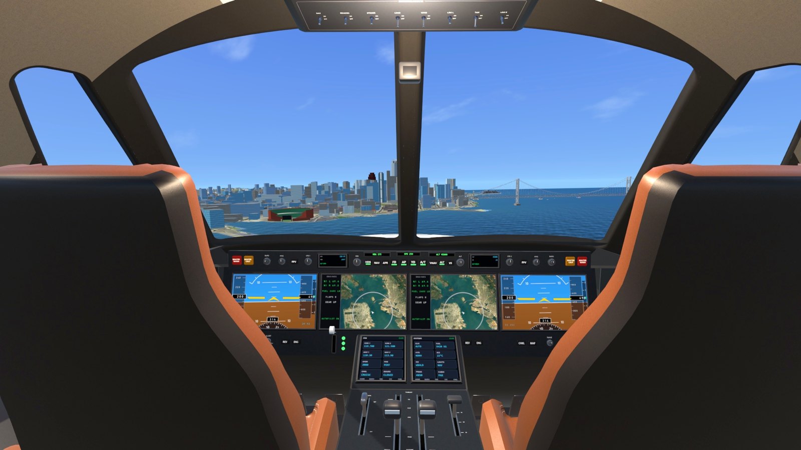 The private jet's flight deck over the Bay