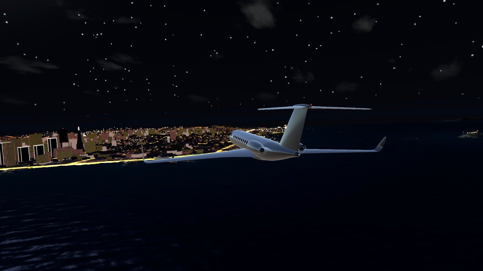 The jet over the city at night