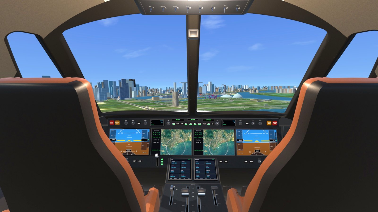 The private jet's flight deck over the Strait
