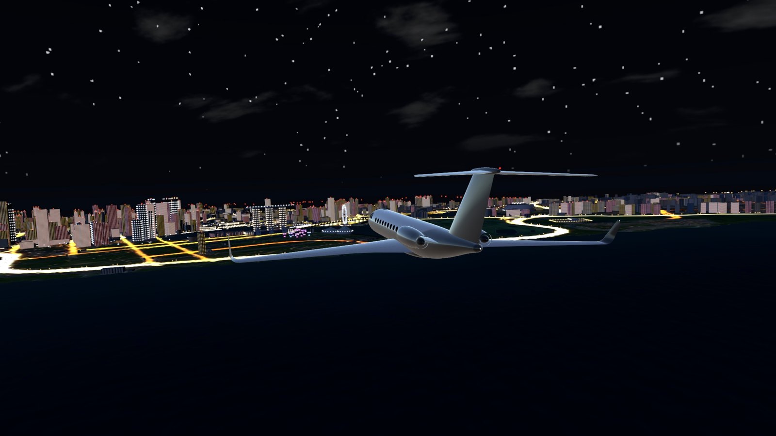 The jet over the city at night