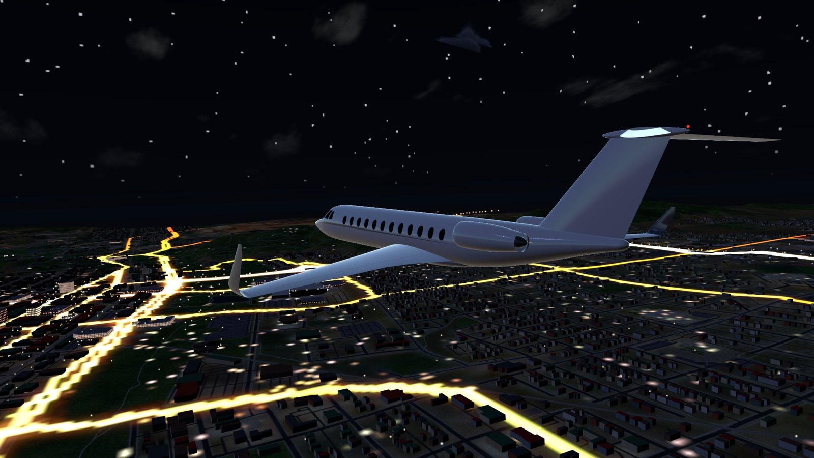The jet over the city at night