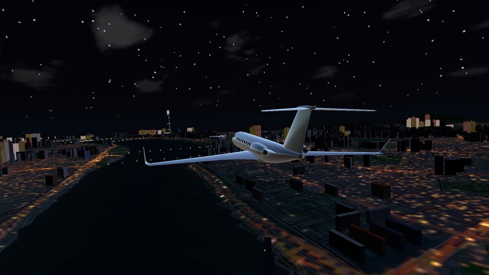 The jet over the city at night