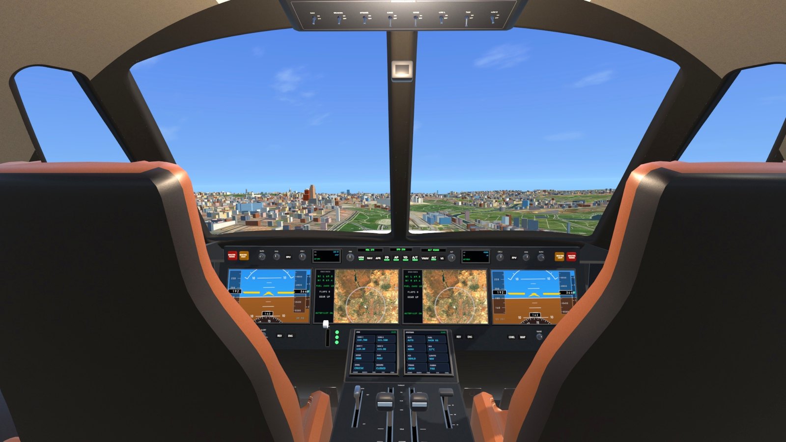 The private jet's flight deck over Madrid