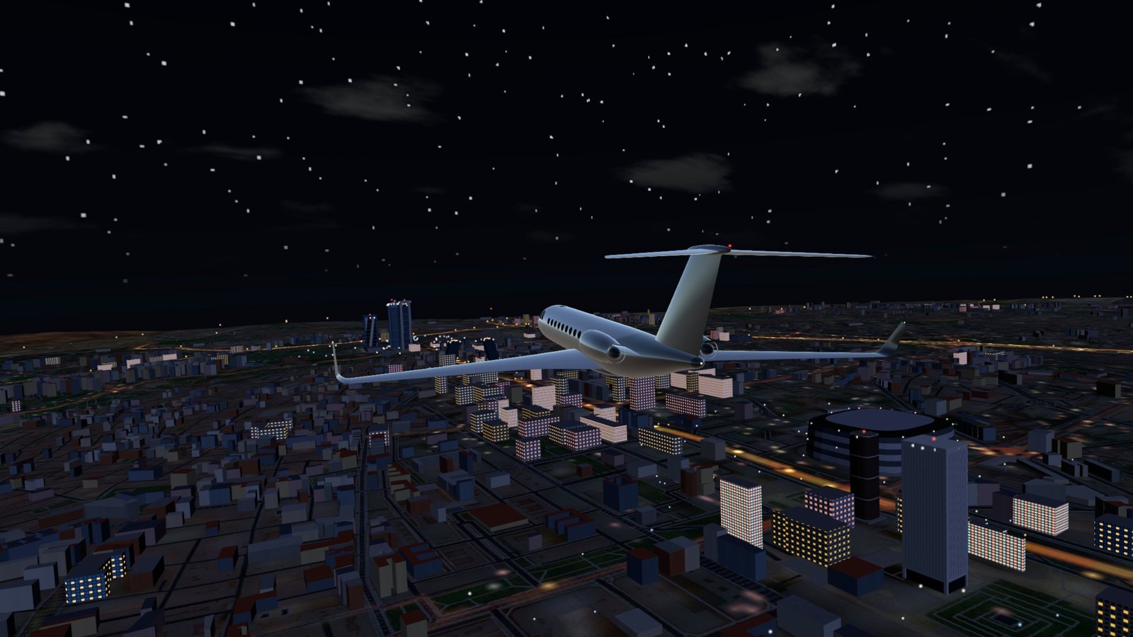 The jet over the city at night