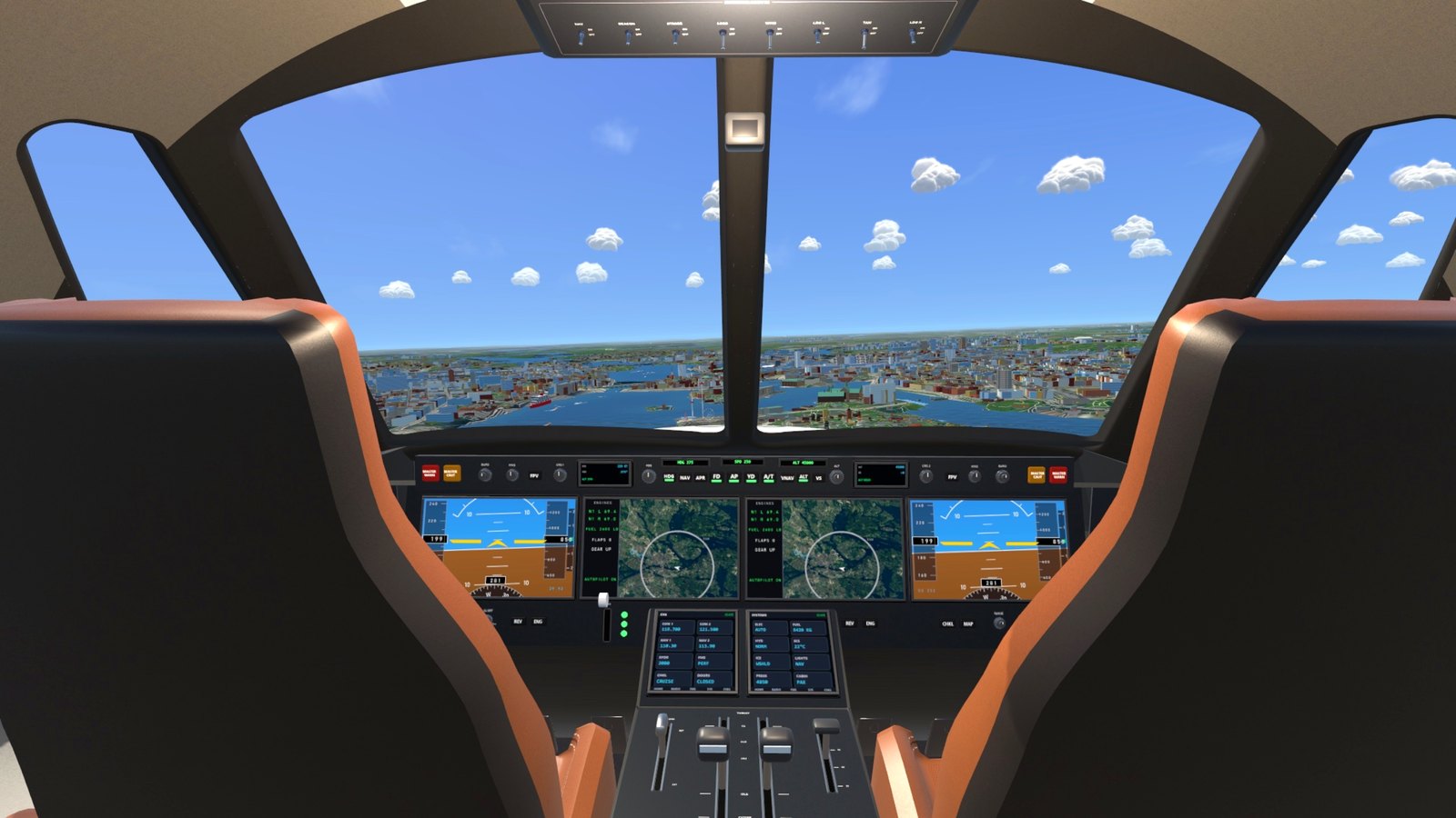 The private jet's flight deck over Saltsjön