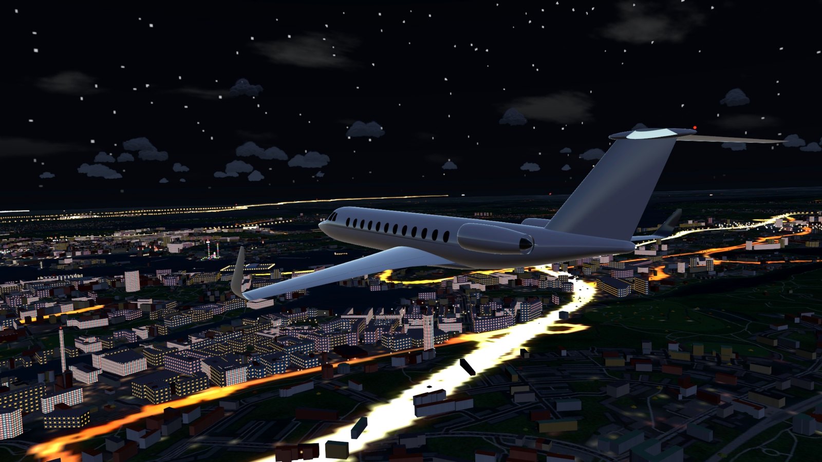 A long-range jet over lit Södermalm at night