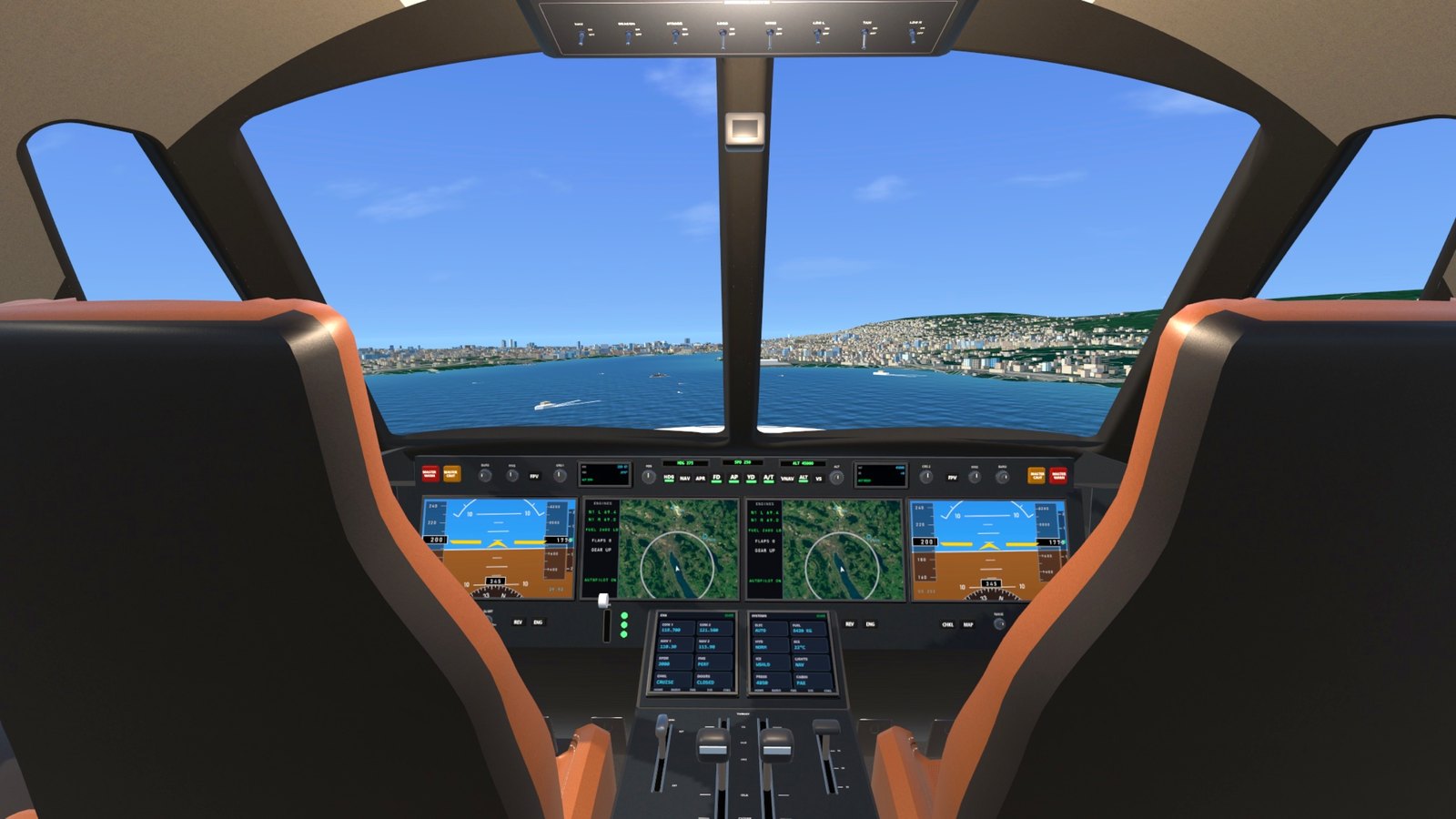 The private jet's flight deck over Lake Zurich