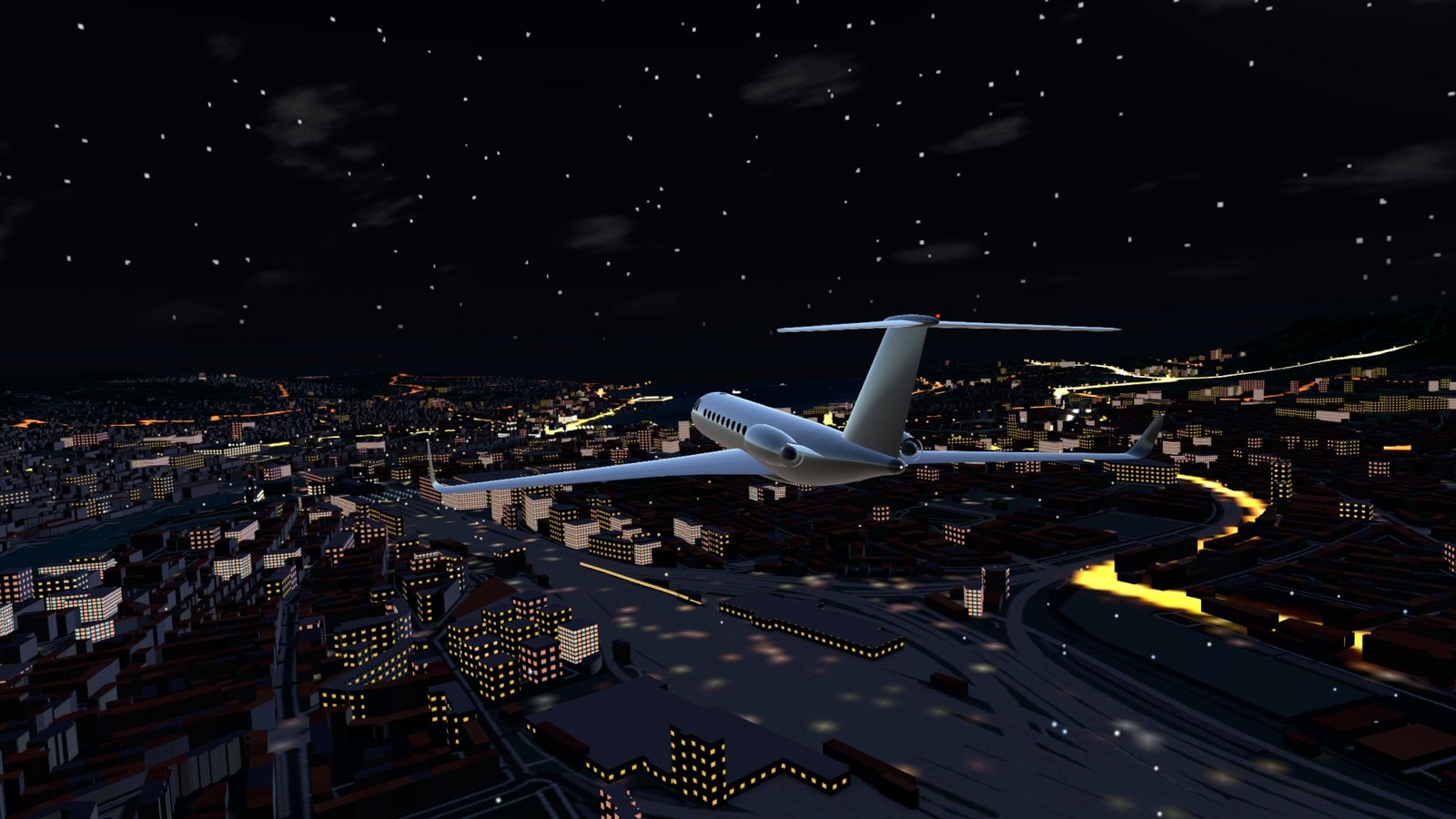 The jet over the city at night
