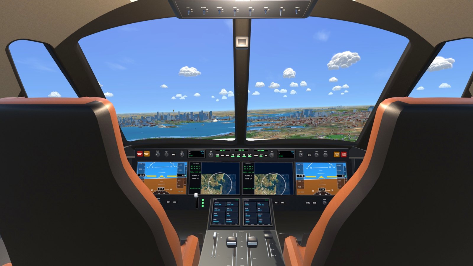 The private jet's flight deck over Sydney Harbour