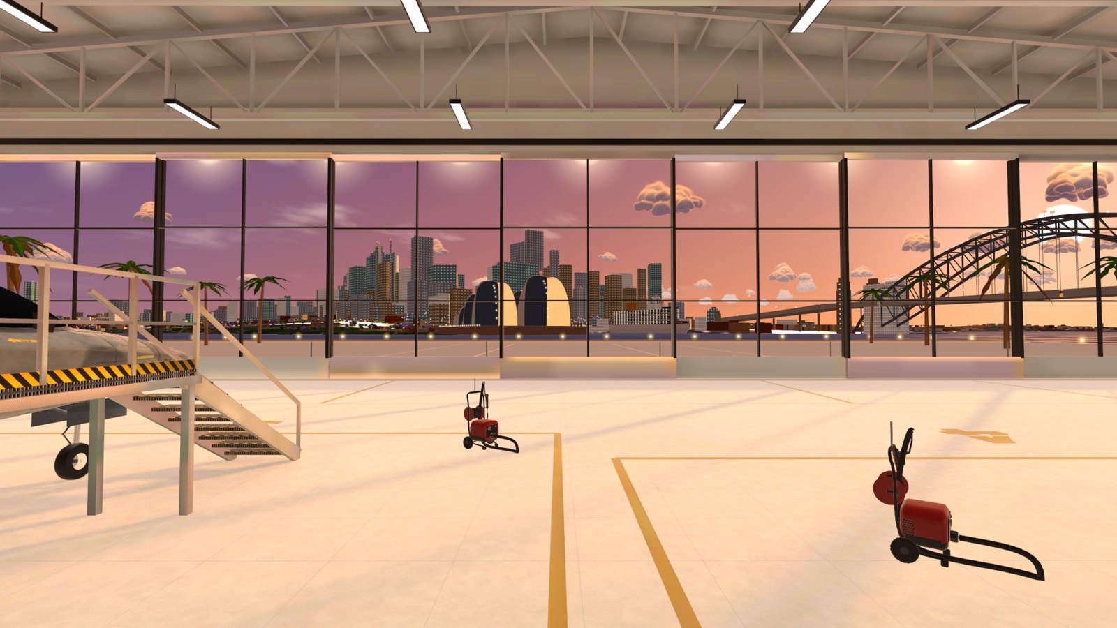 Your glass hangar, the Opera House + the Harbour Bridge through the doors at golden hour