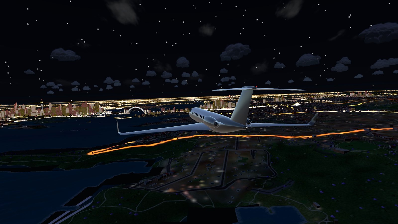 A private jet over the floodlit Opera House to the lit Bridge at night
