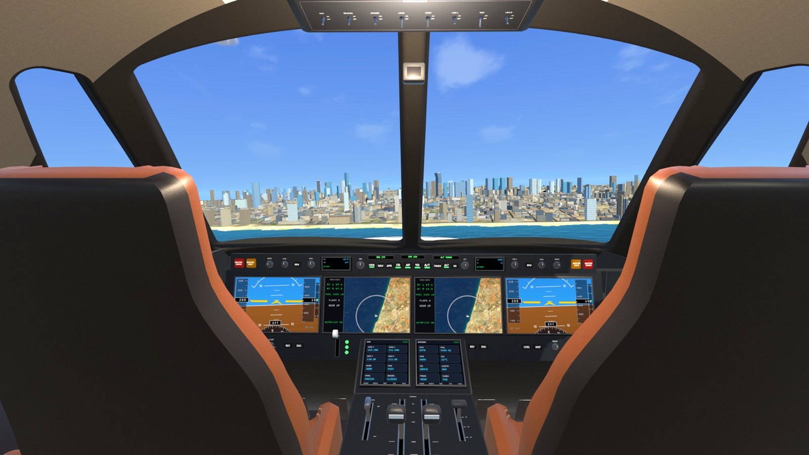 The private jet's flight deck in from the sea