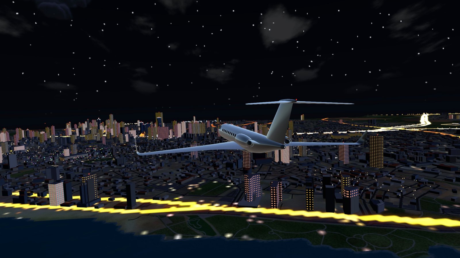 The jet over the city at night