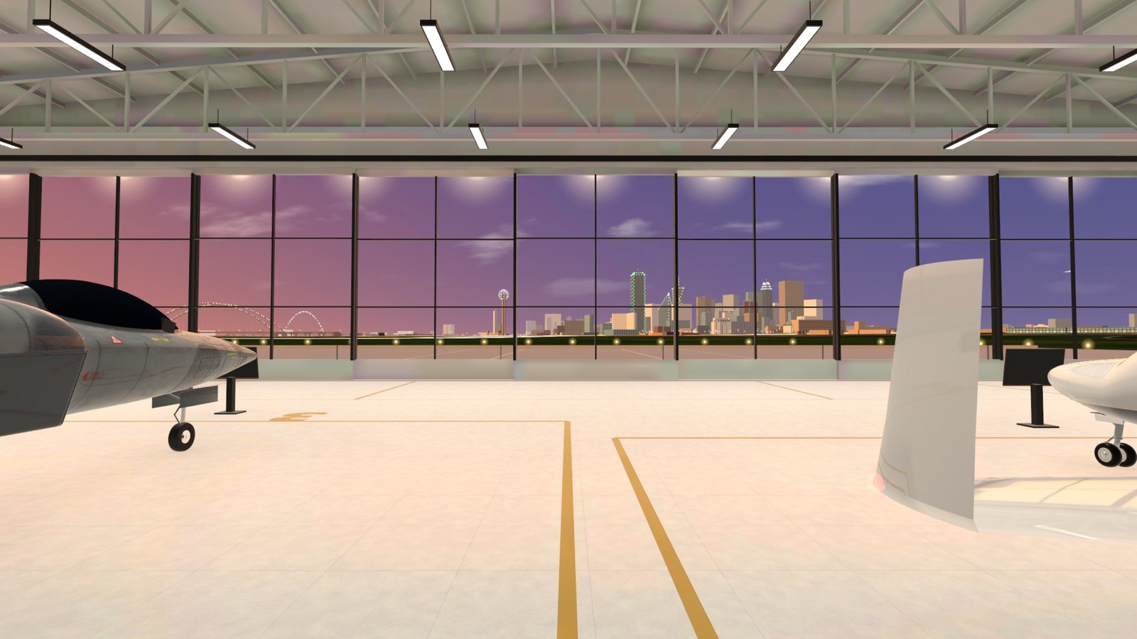 Your glass hangar facing the Dallas skyline