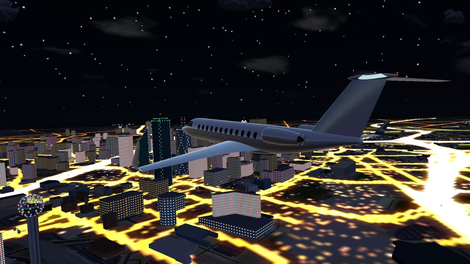The jet over the city at night