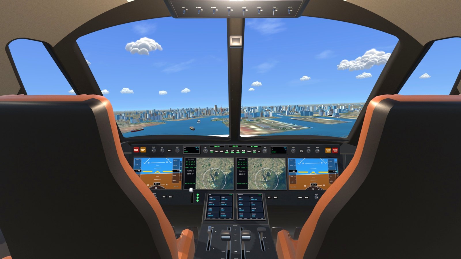 The private jet's flight deck over Tokyo Bay