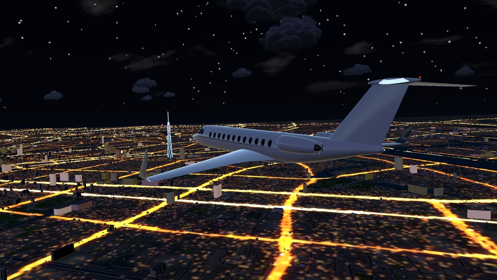 A long-range jet past the lit Skytree at night