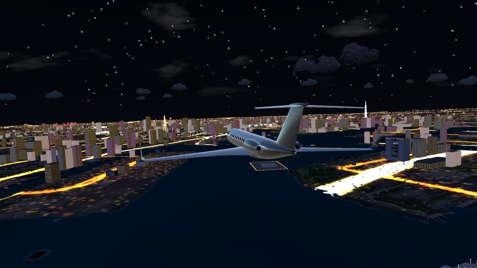 A private jet over the Rainbow Bridge at night