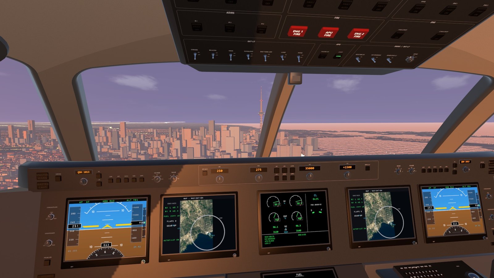 The CN Tower at sunset from the flight deck