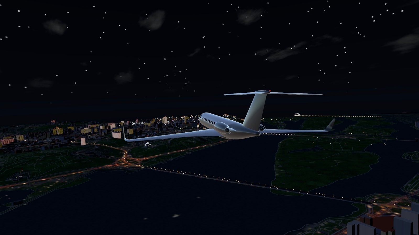 The jet over the city at night
