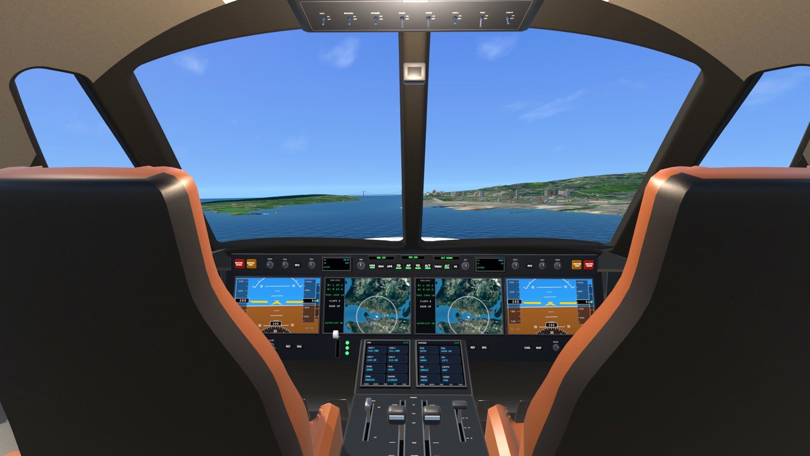 The private jet's flight deck over Burrard Inlet