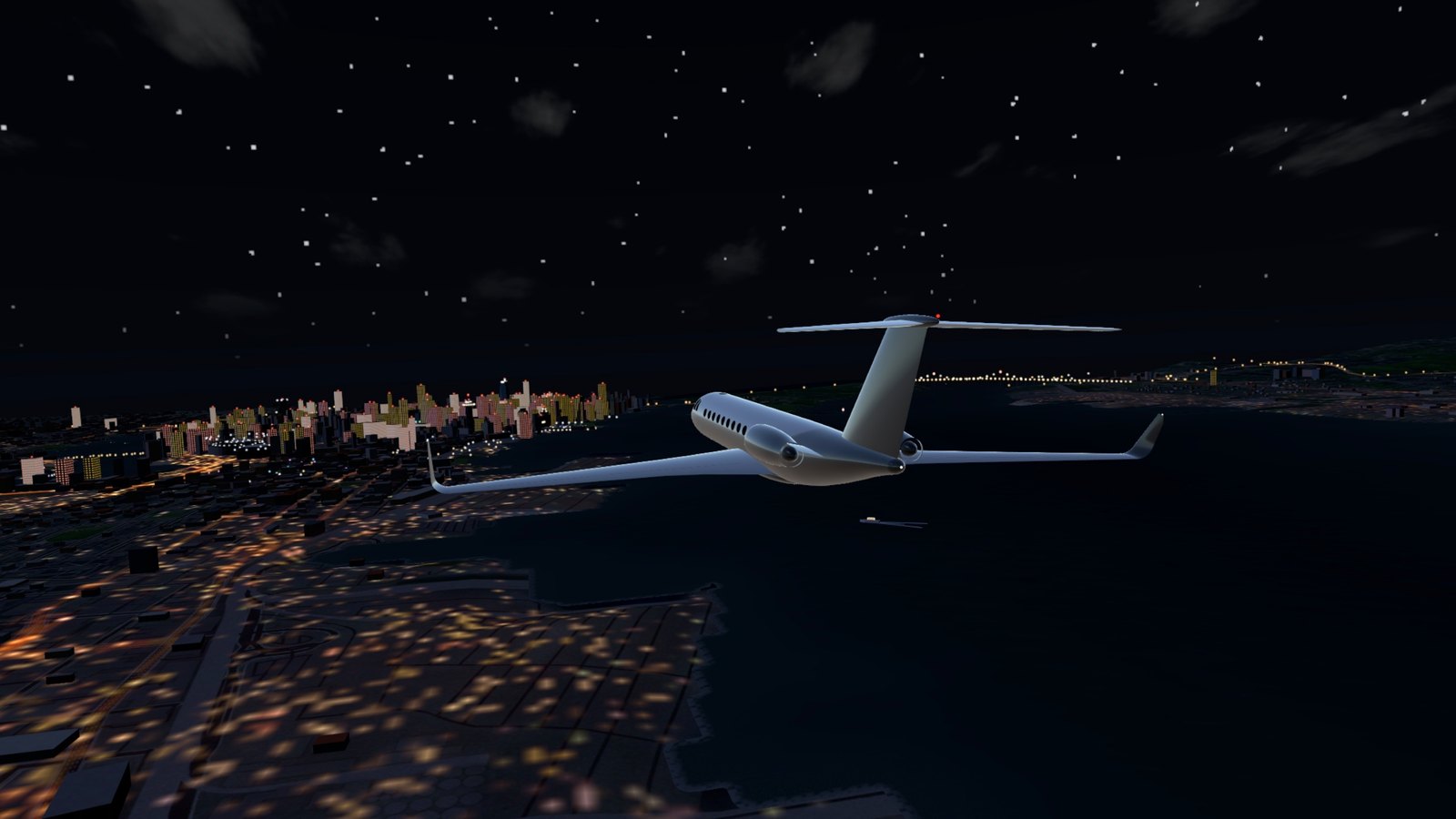 The jet over the city at night