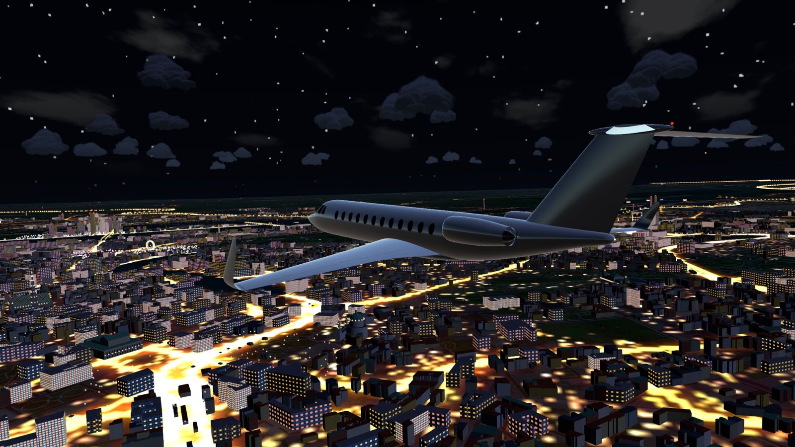 A long-range jet over the lit Ring at night