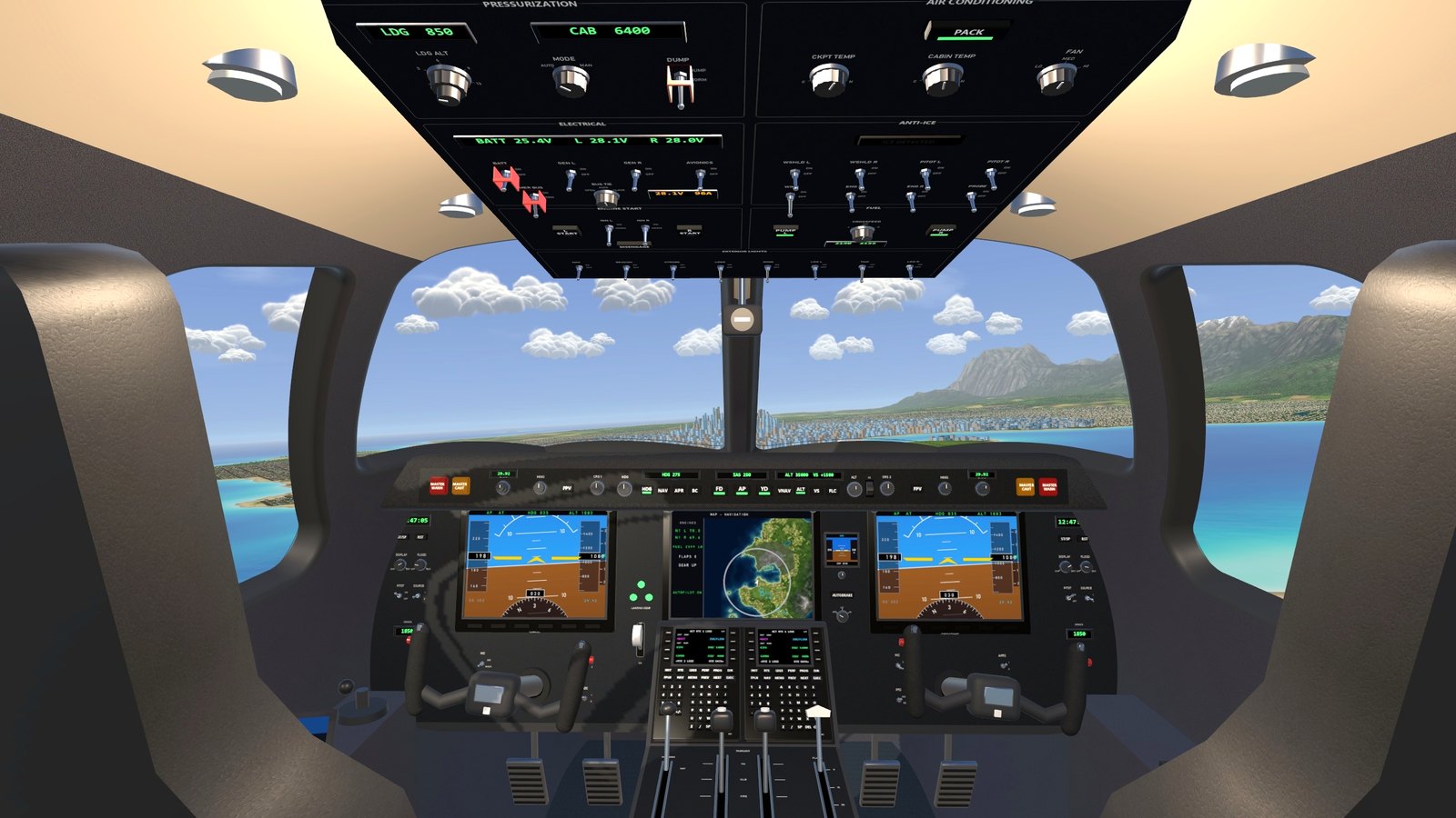 The private jet's glass cockpit with the bridge and the city ahead