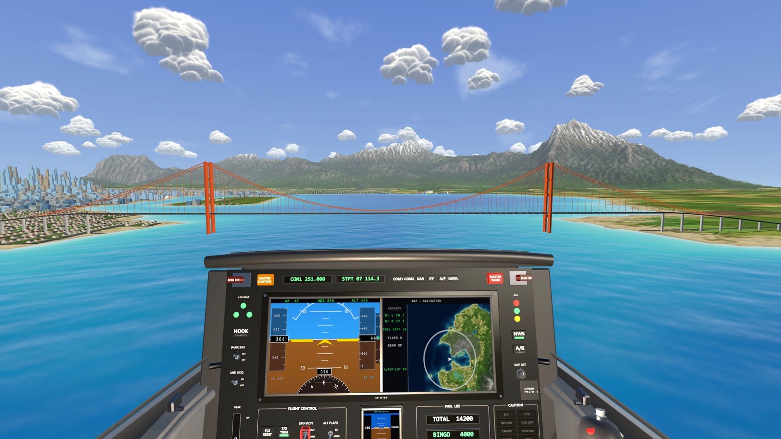 Low over the bay toward the bridge
