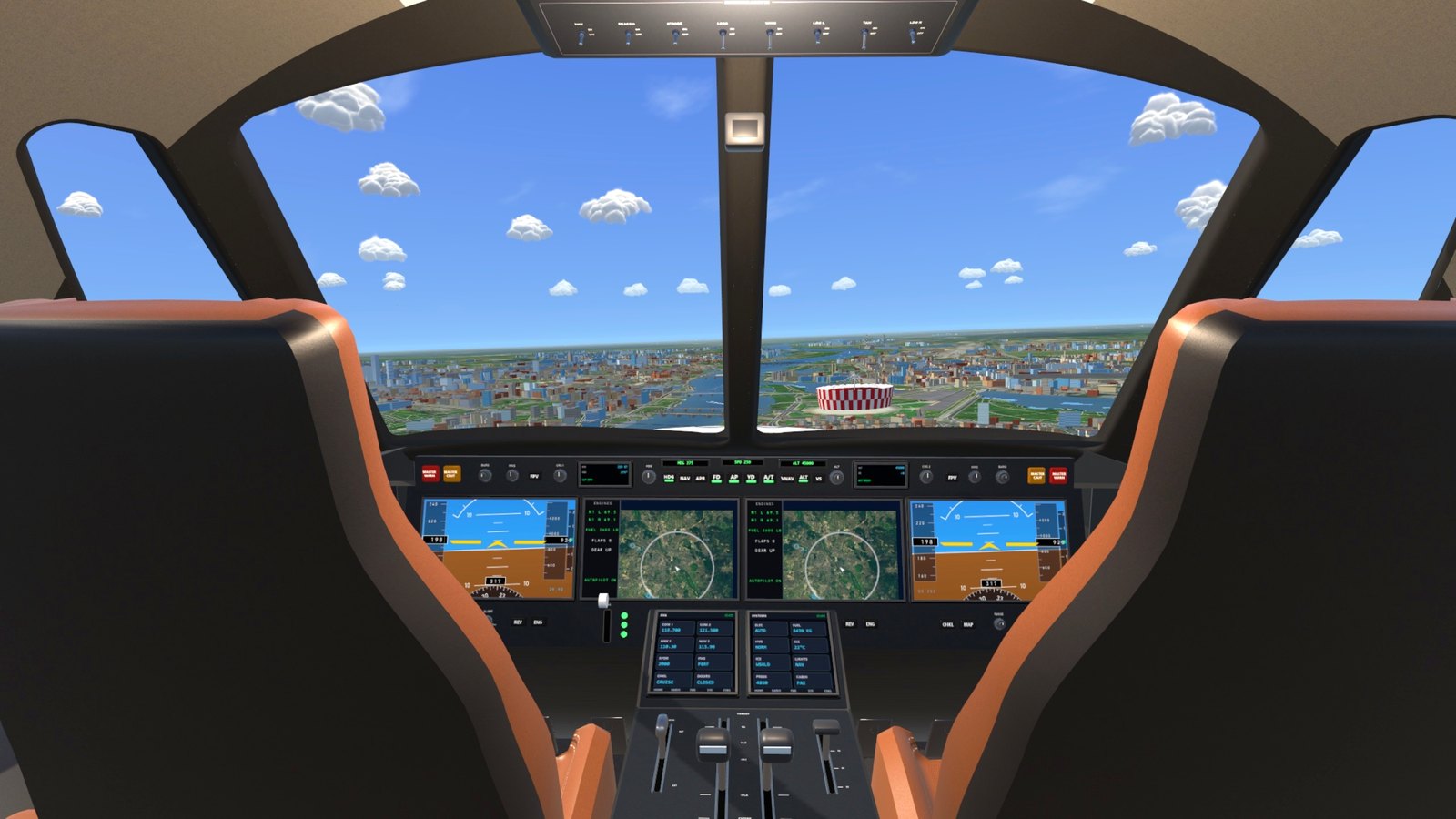 The private jet's flight deck over the Vistula