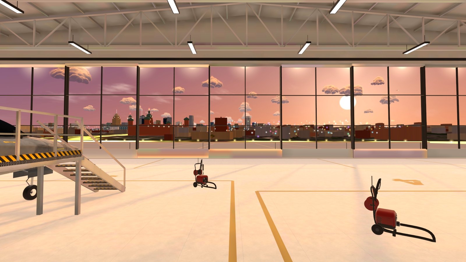 Your glass hangar, the Old Town through the doors at golden hour