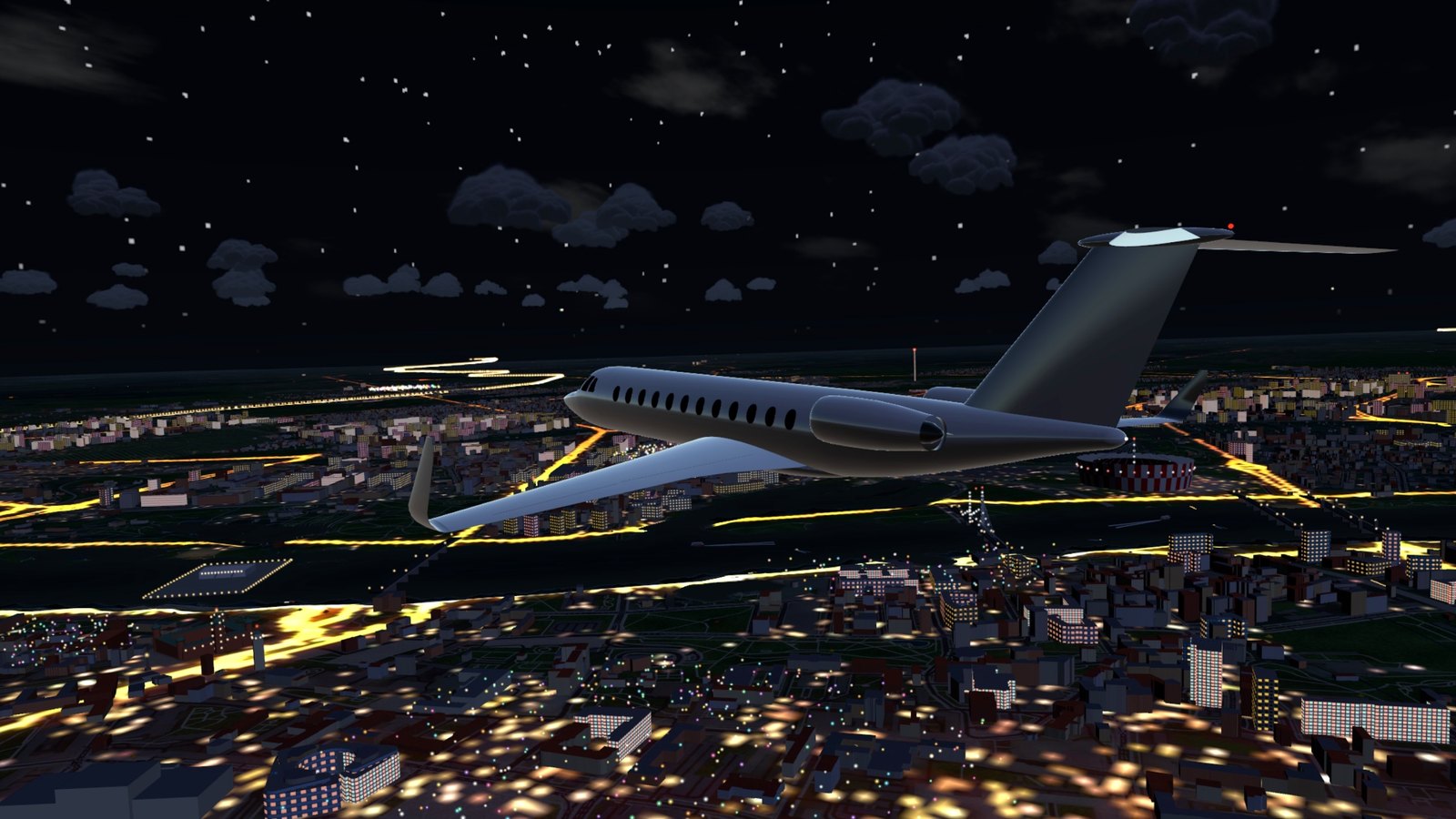 A long-range jet over the lit Old Town at night