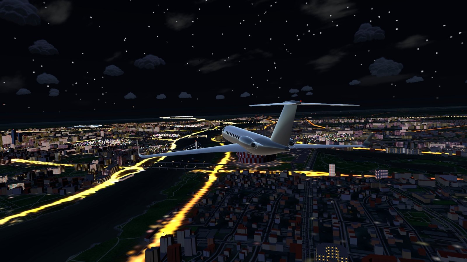 A private jet over the National Stadium toward the Old Town at night