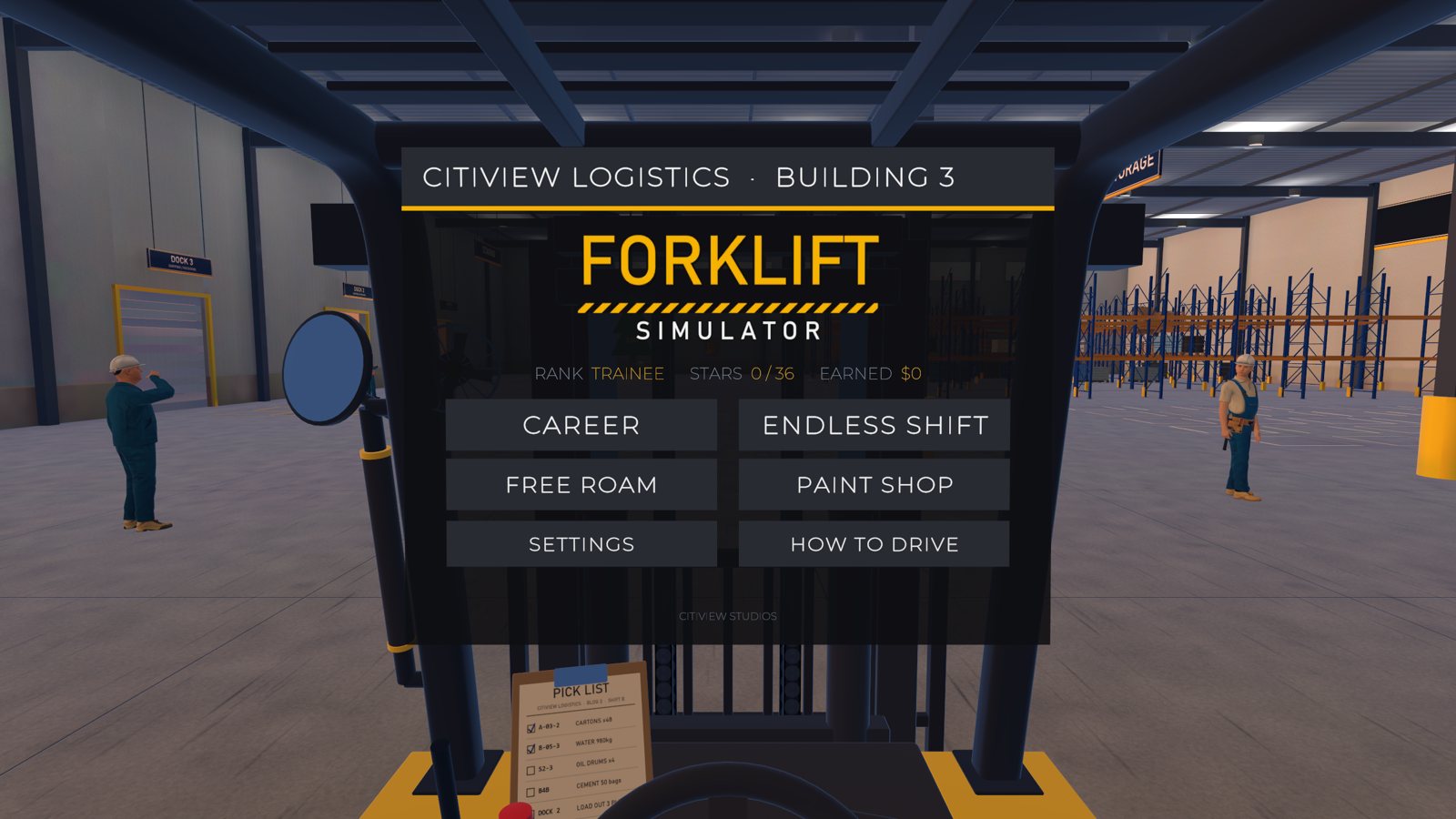 The main menu from the operator's seat