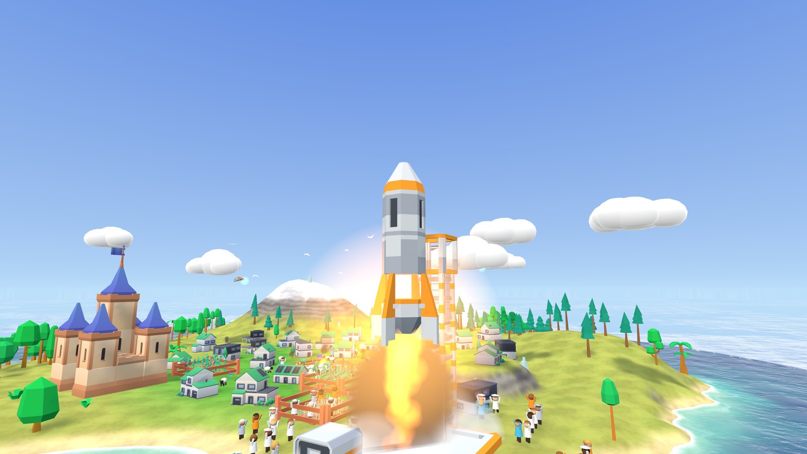 The rocket lifts off while the crowd cheers